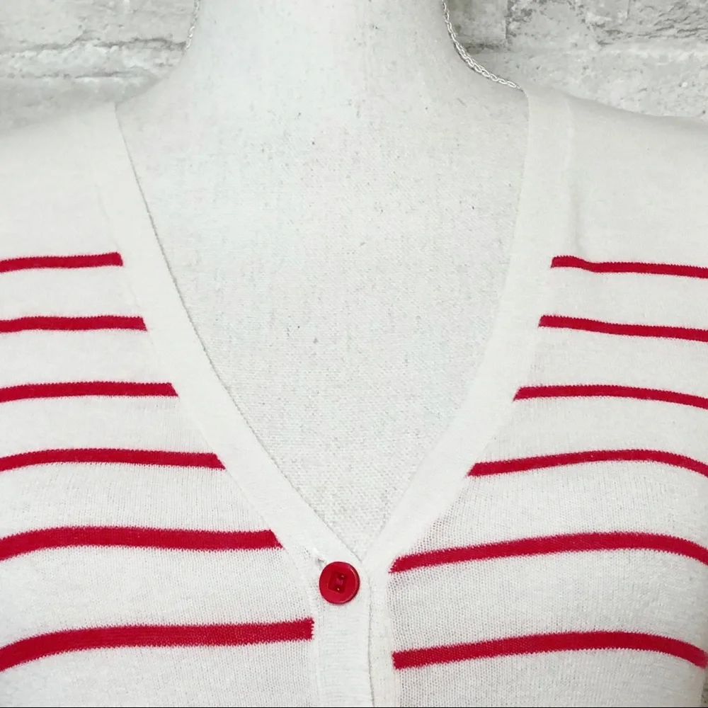 CACHE CACHE White & Red Striped Button Down Quarter Sleeve Cardigan Sweater Sm - Picture 4 of 13